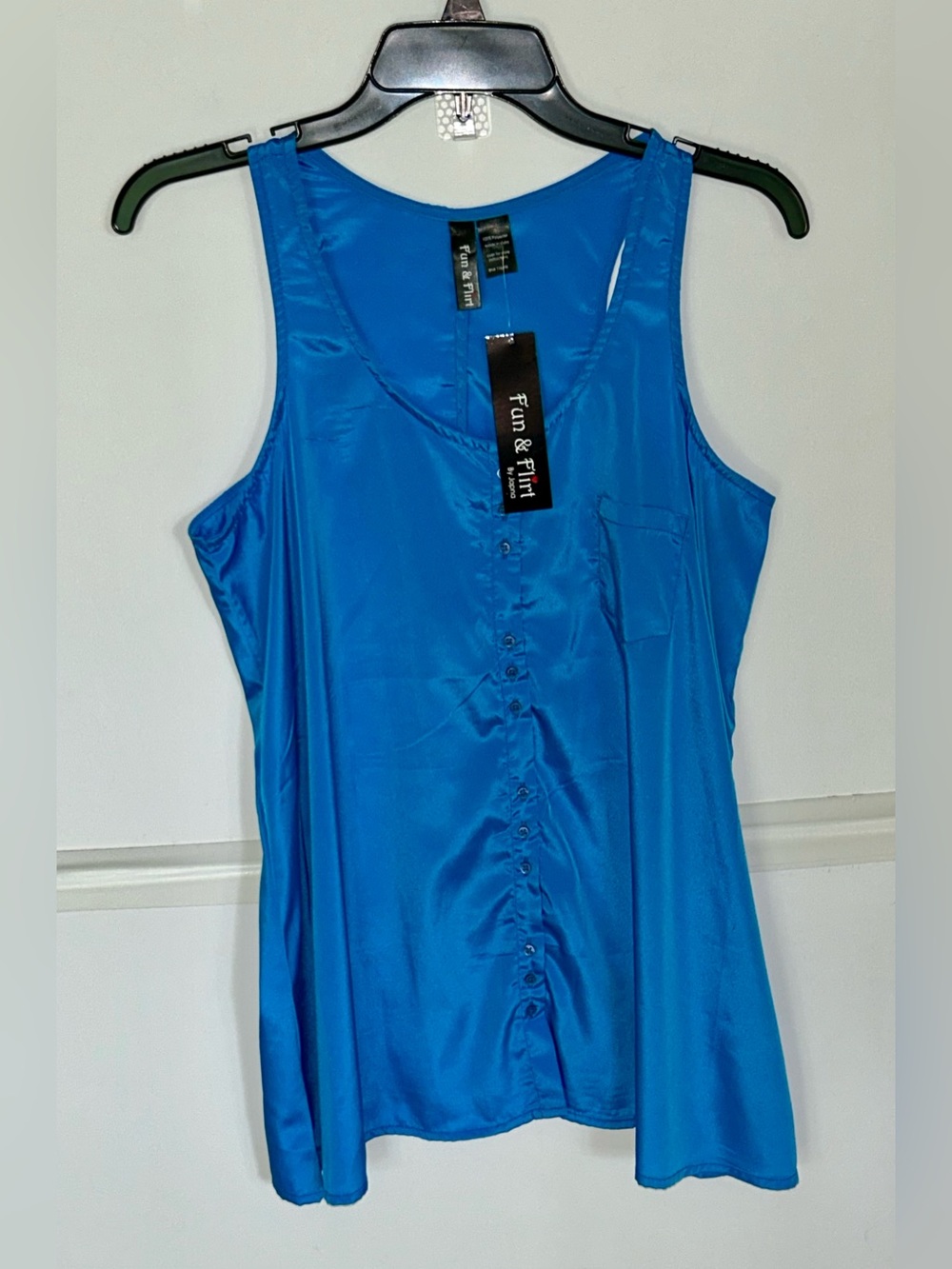 Fun & Flirt Women's Bright Blue Satin Like Button-Front Tank Top